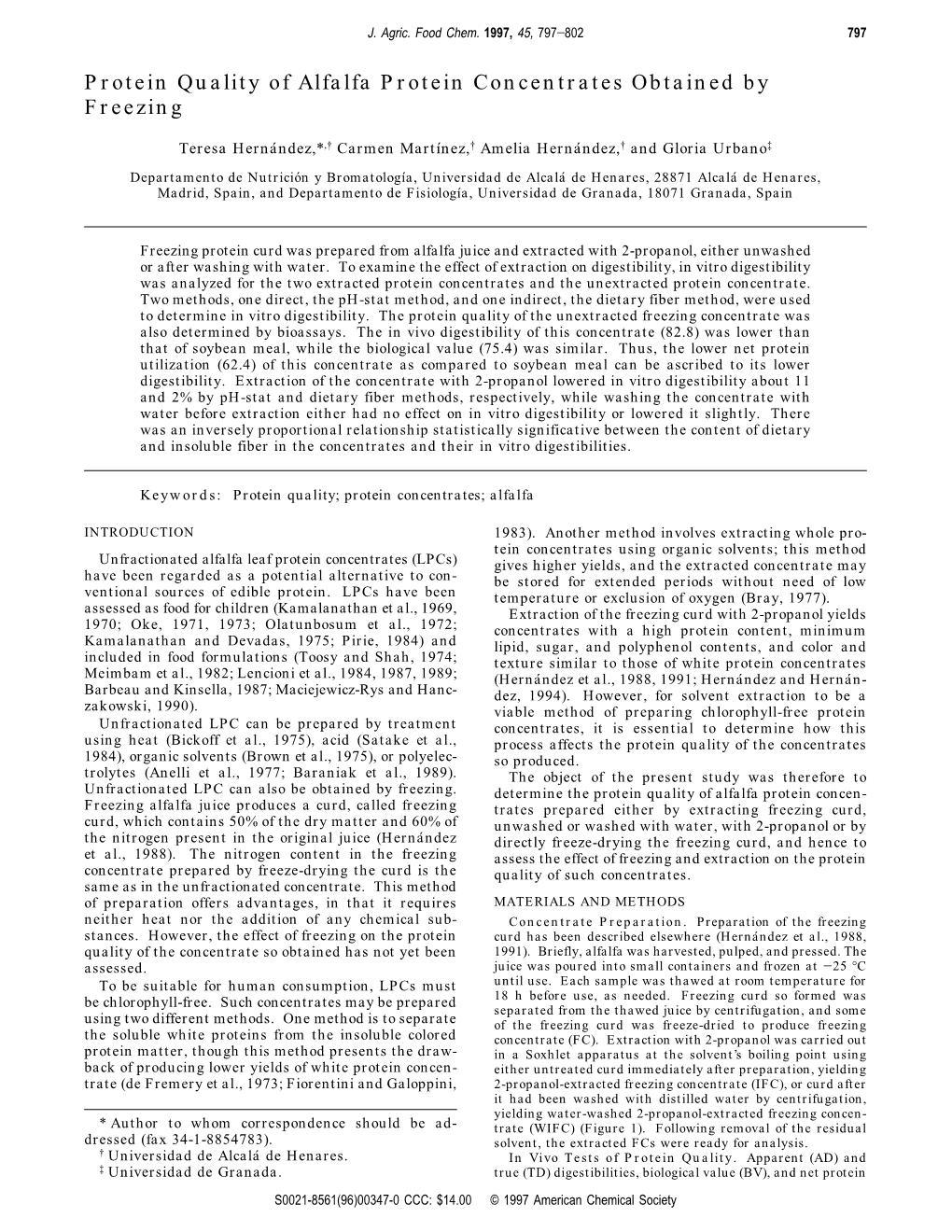 Protein Quality of Alfalfa Protein Concentrates Obtained by Freezing