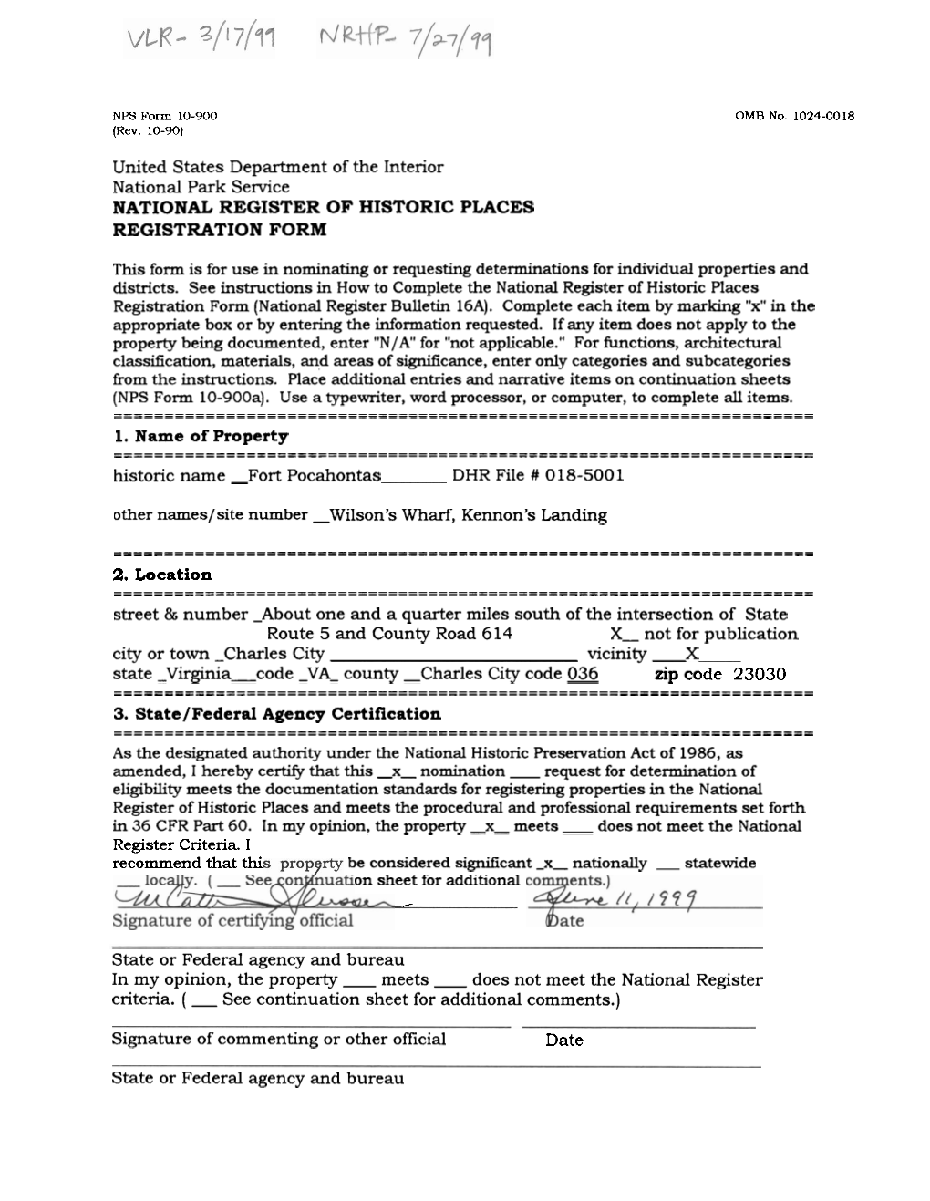 Fort Pocahontas DHR File # 018-5001 Other Names/ Site Number Wilson's Wharf, Kennon's Landing