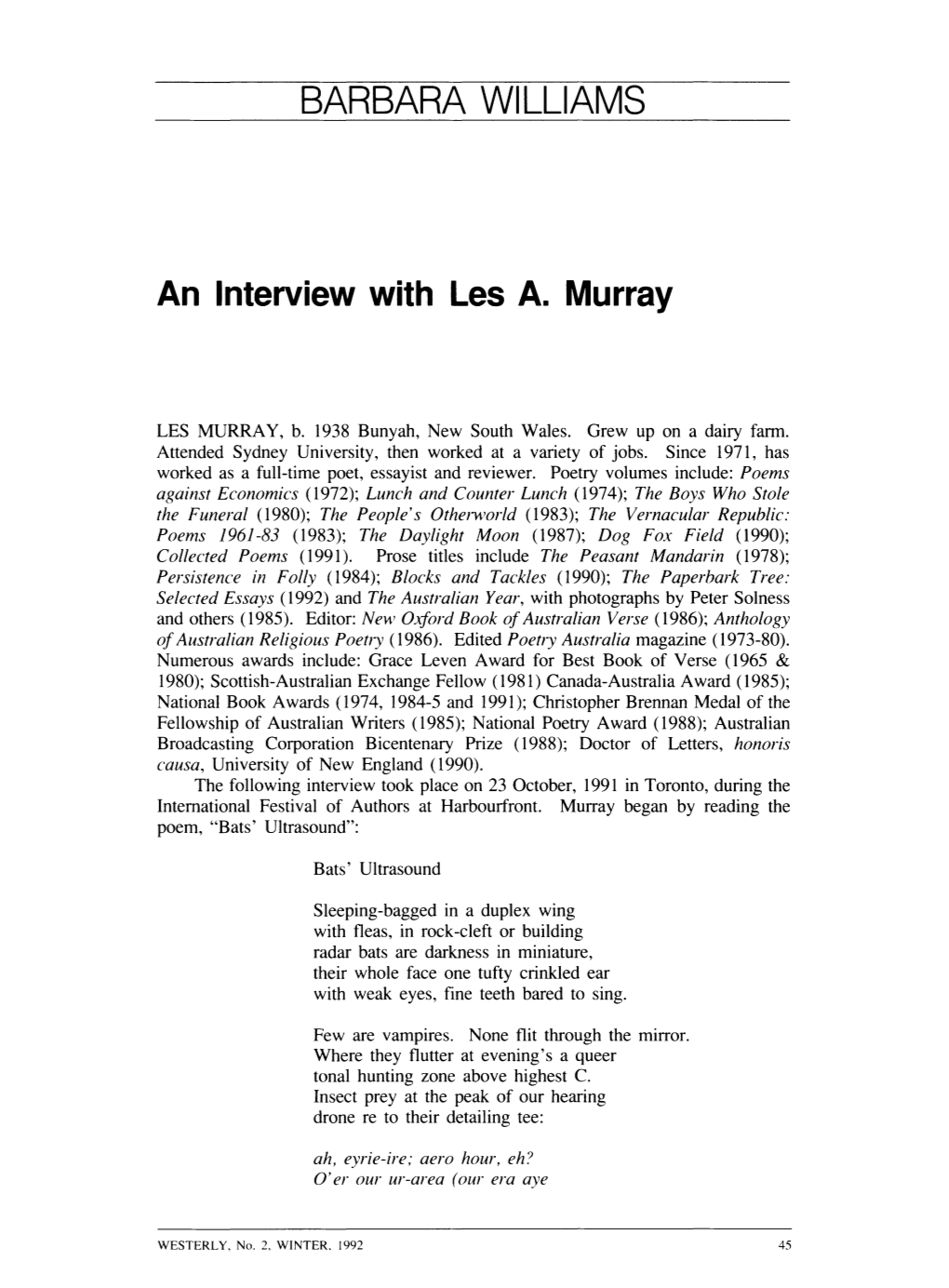 Barbara Williams' Interview with Les Murray