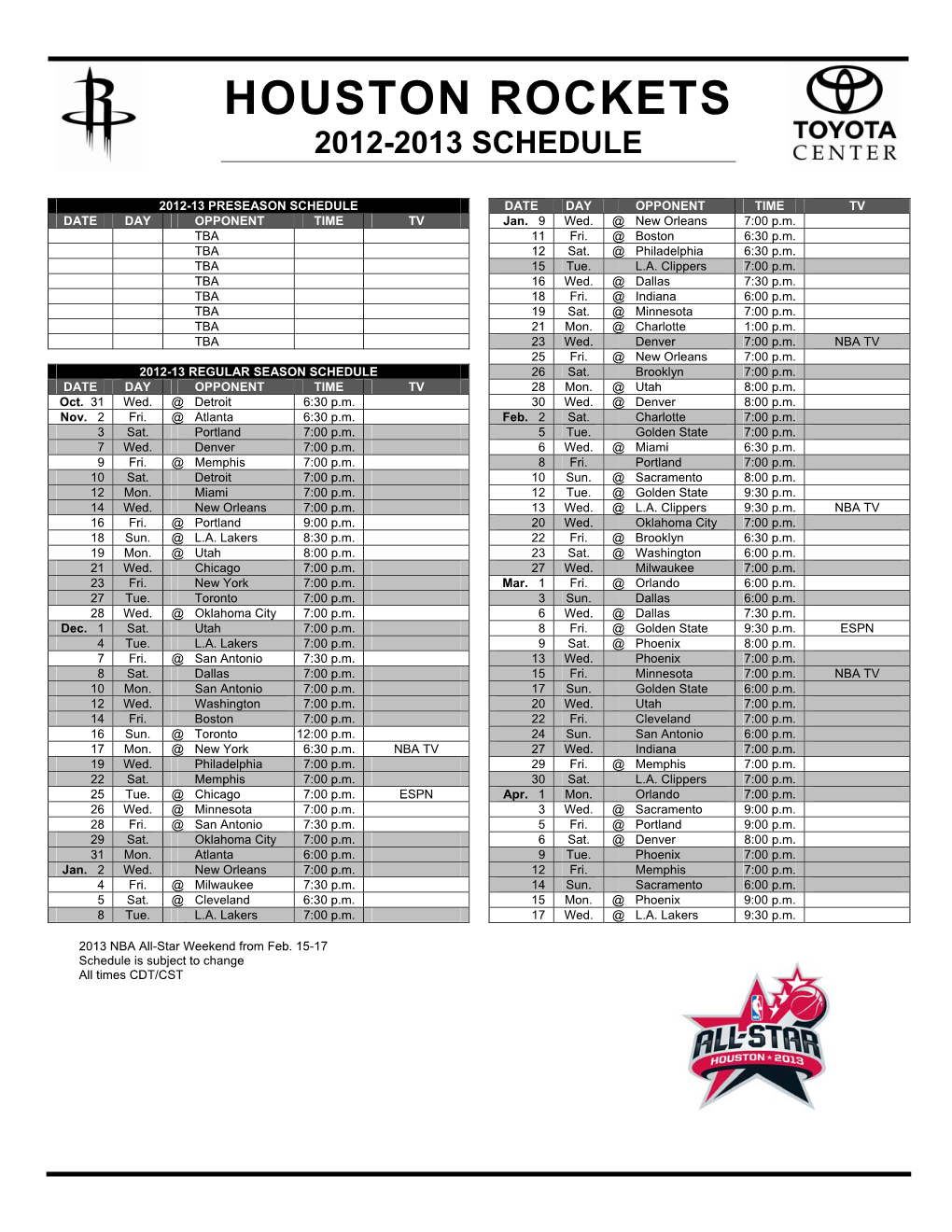 Houston Rockets 2012-2013 Schedule