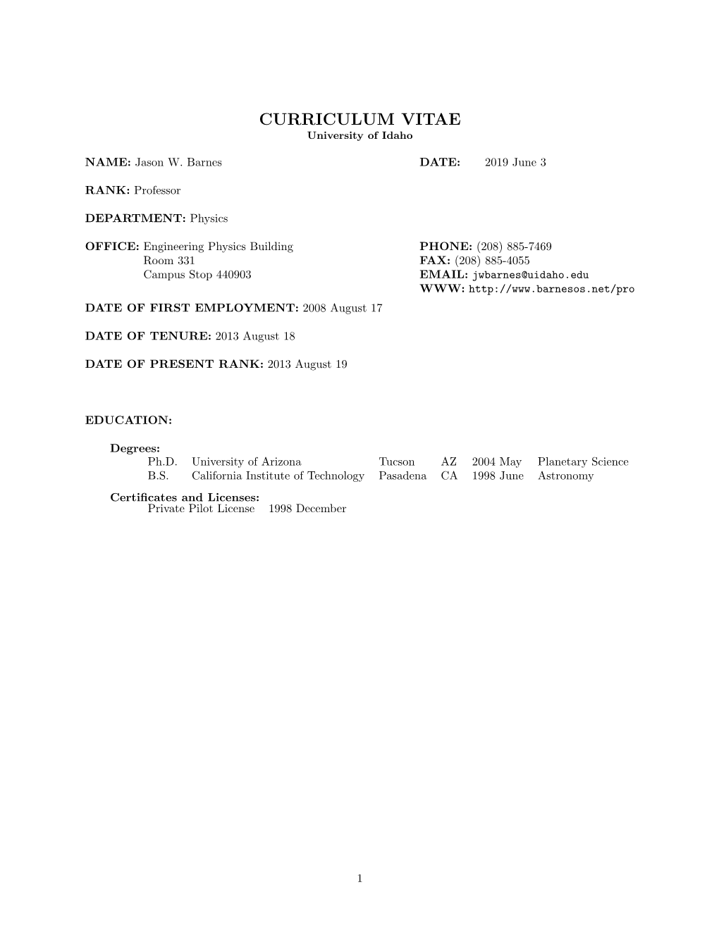 CURRICULUM VITAE University of Idaho