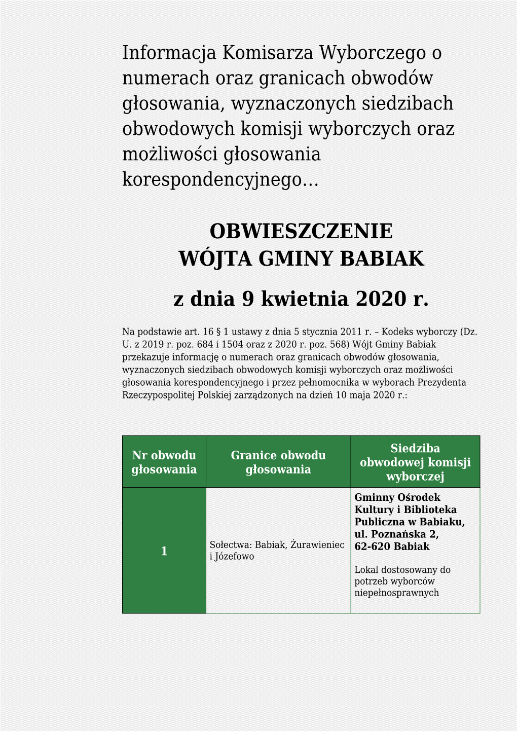 Informacja Komisarza Wyborczego O Numerach Oraz Granicach Obwodów