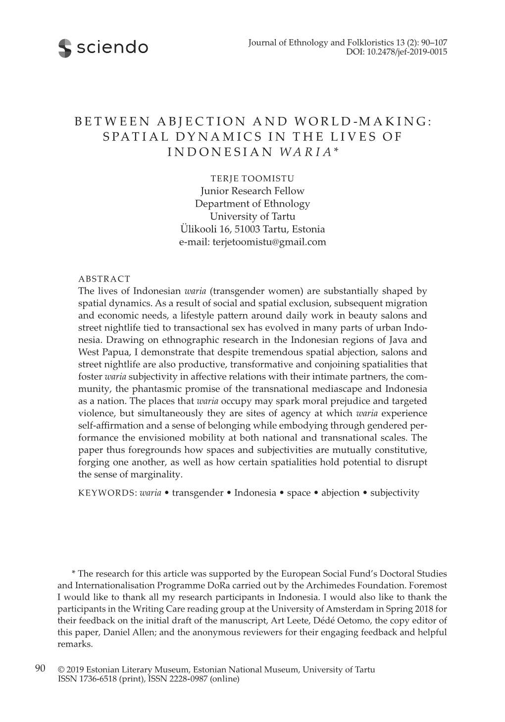 Between Abjection and World-Making: Spatial Dynamics in the Lives of Indonesian Waria*