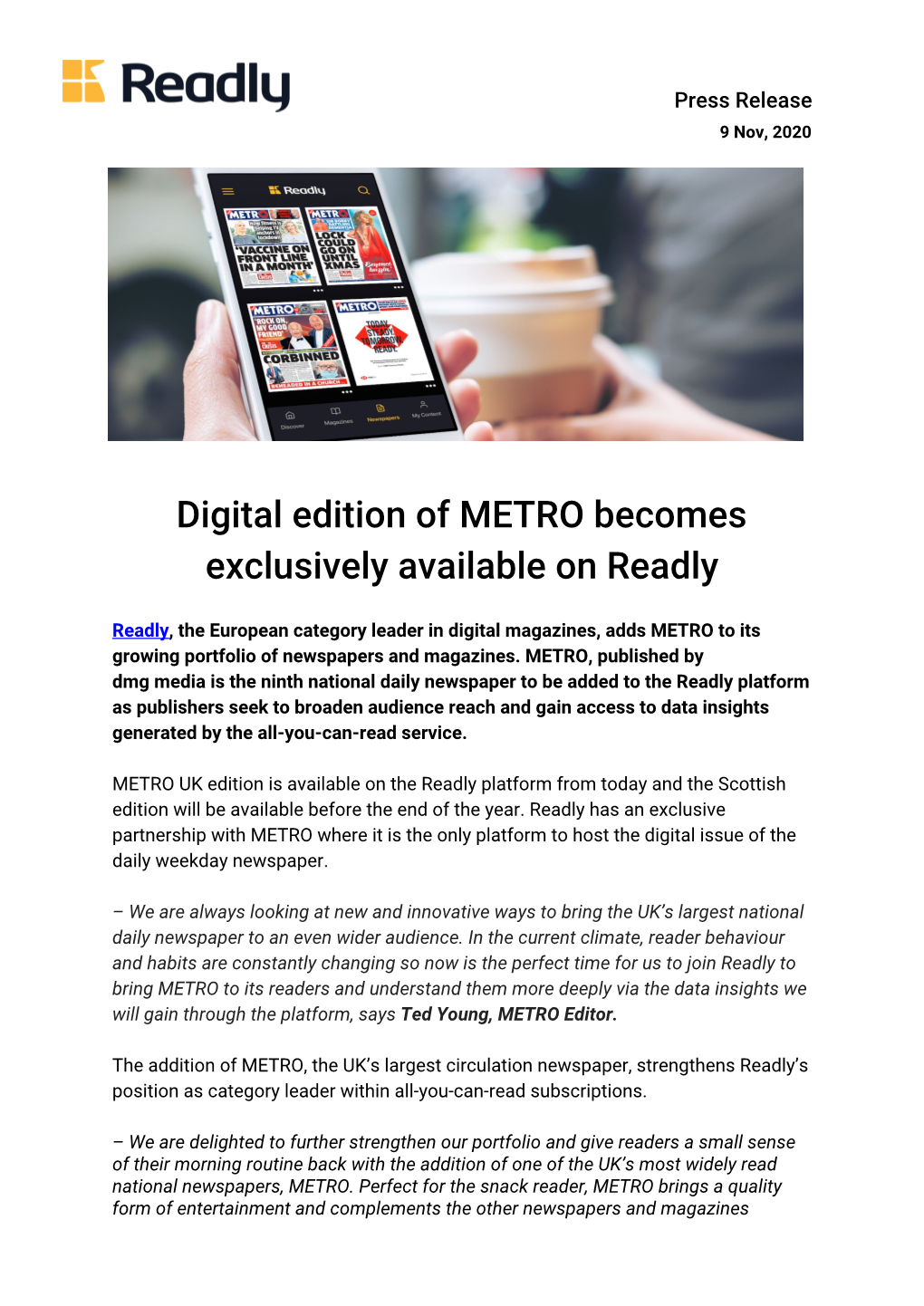Digital Edition of METRO Becomes Exclusively Available on Readly