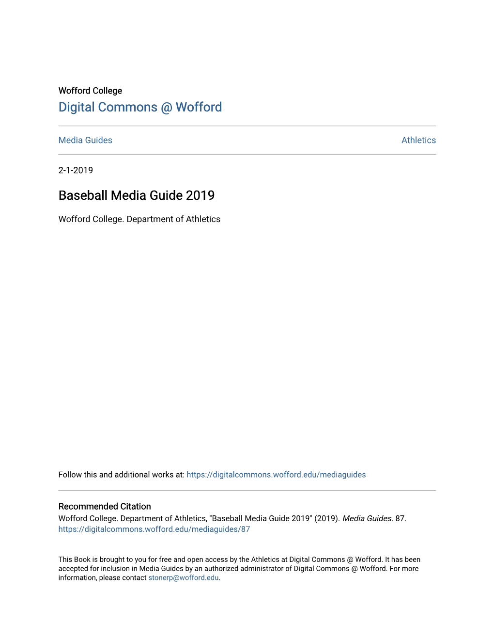 Digital Commons @ Wofford Baseball Media Guide 2019