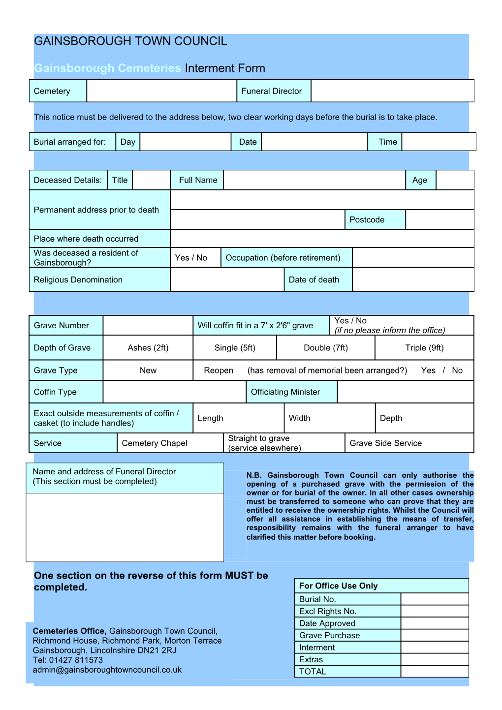 Gainsborough Cemeteries Interment Form