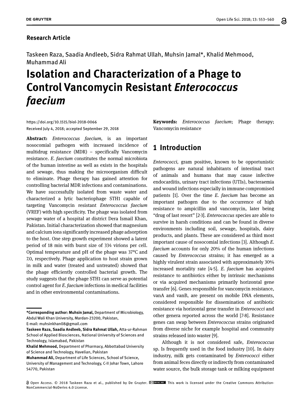 Isolation and Characterization of a Phage to Control Vancomycin