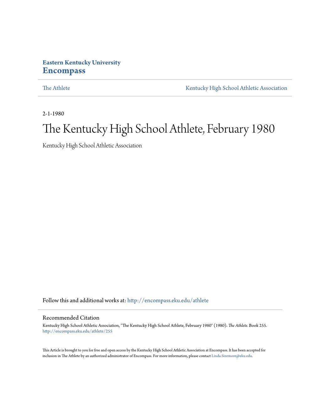 The Kentucky High School Athlete, February 1980 Kentucky High School Athletic Association