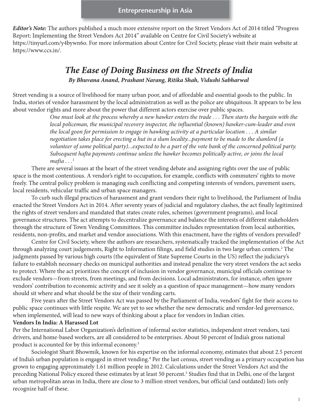 The Ease of Doing Business on the Streets of India by Bhuvana Anand, Prashant Narang, Ritika Shah, Vidushi Sabharwal