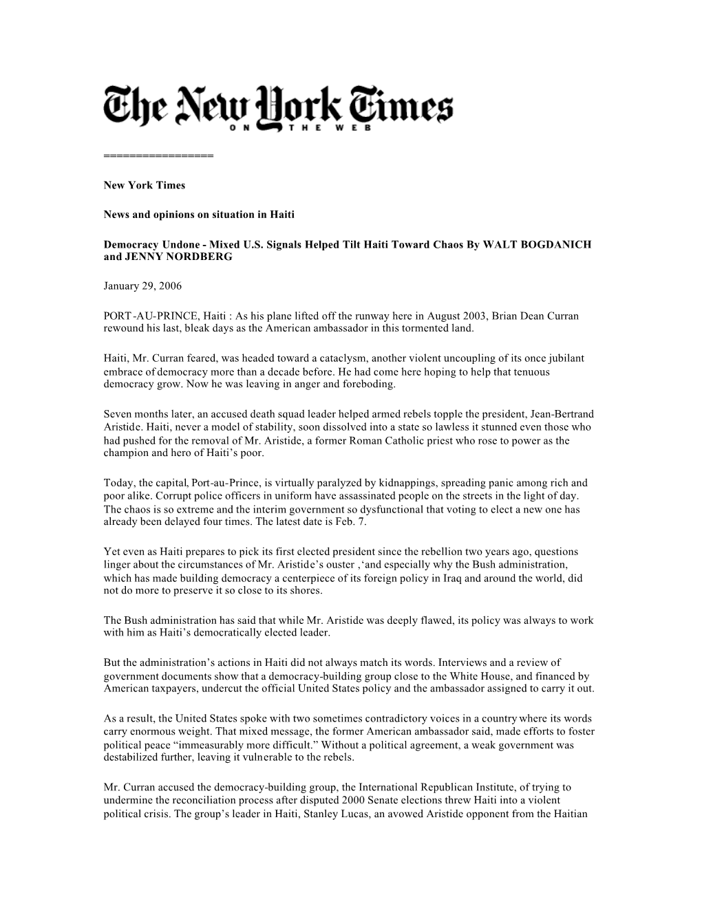 New York Times News and Opinions on Situation in Haiti Democracy