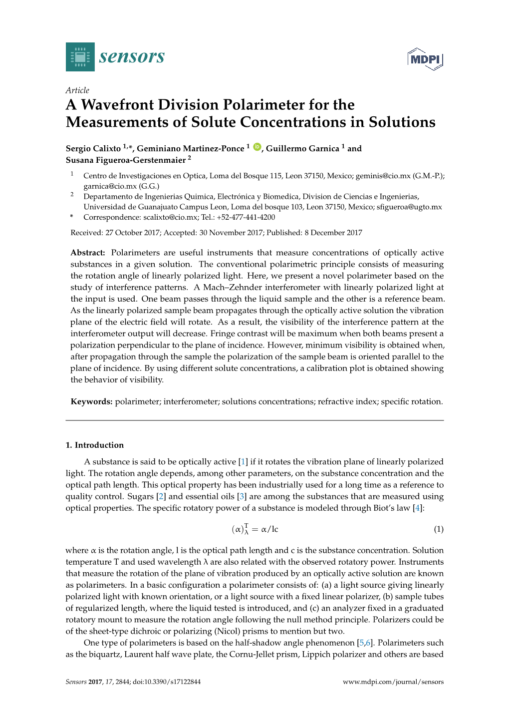 A Wavefront Division Polarimeter for the Measurements of Solute Concentrations in Solutions