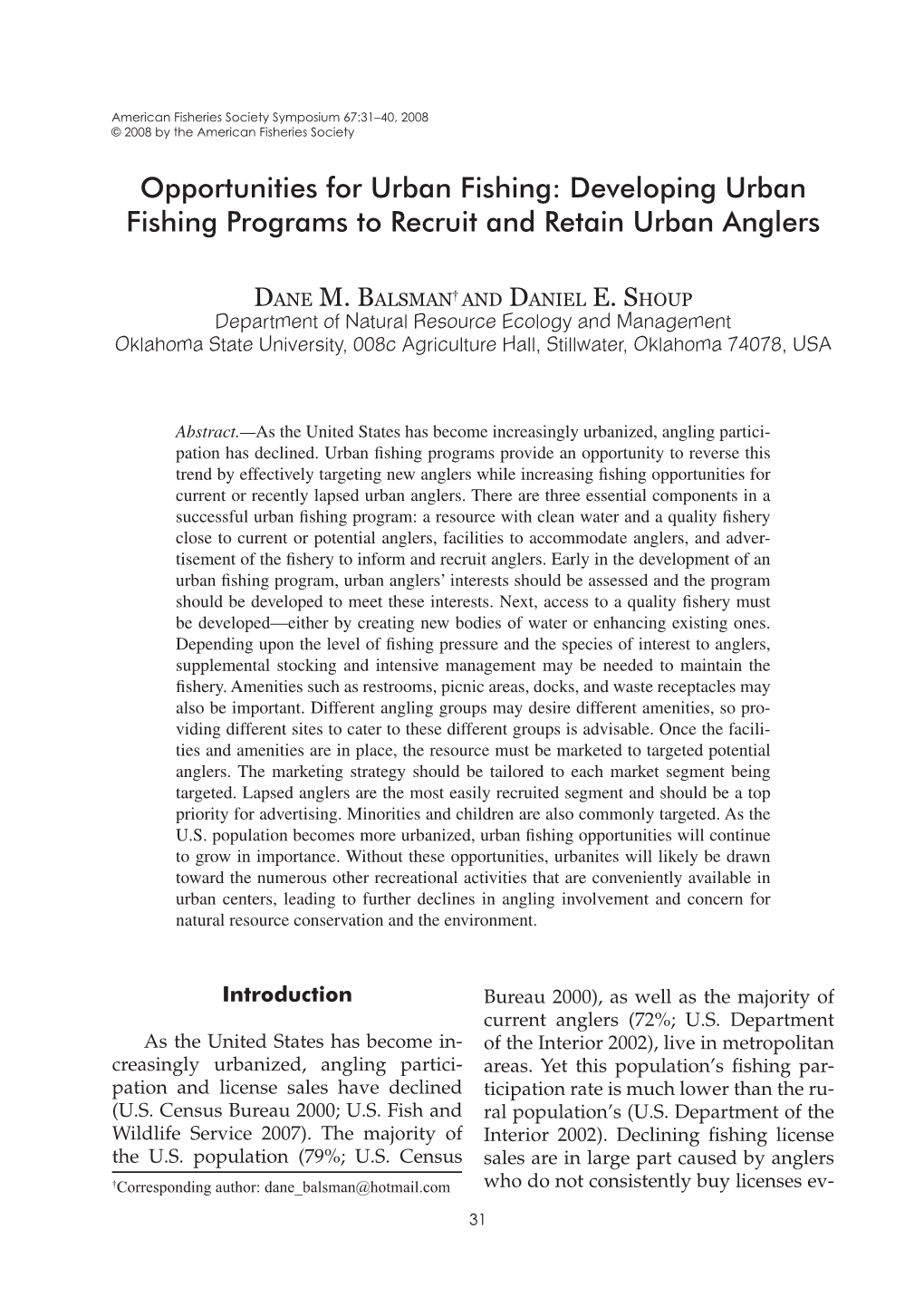 Opportunities for Urban Fishing: Developing Urban Fishing Programs to Recruit and Retain Urban Anglers