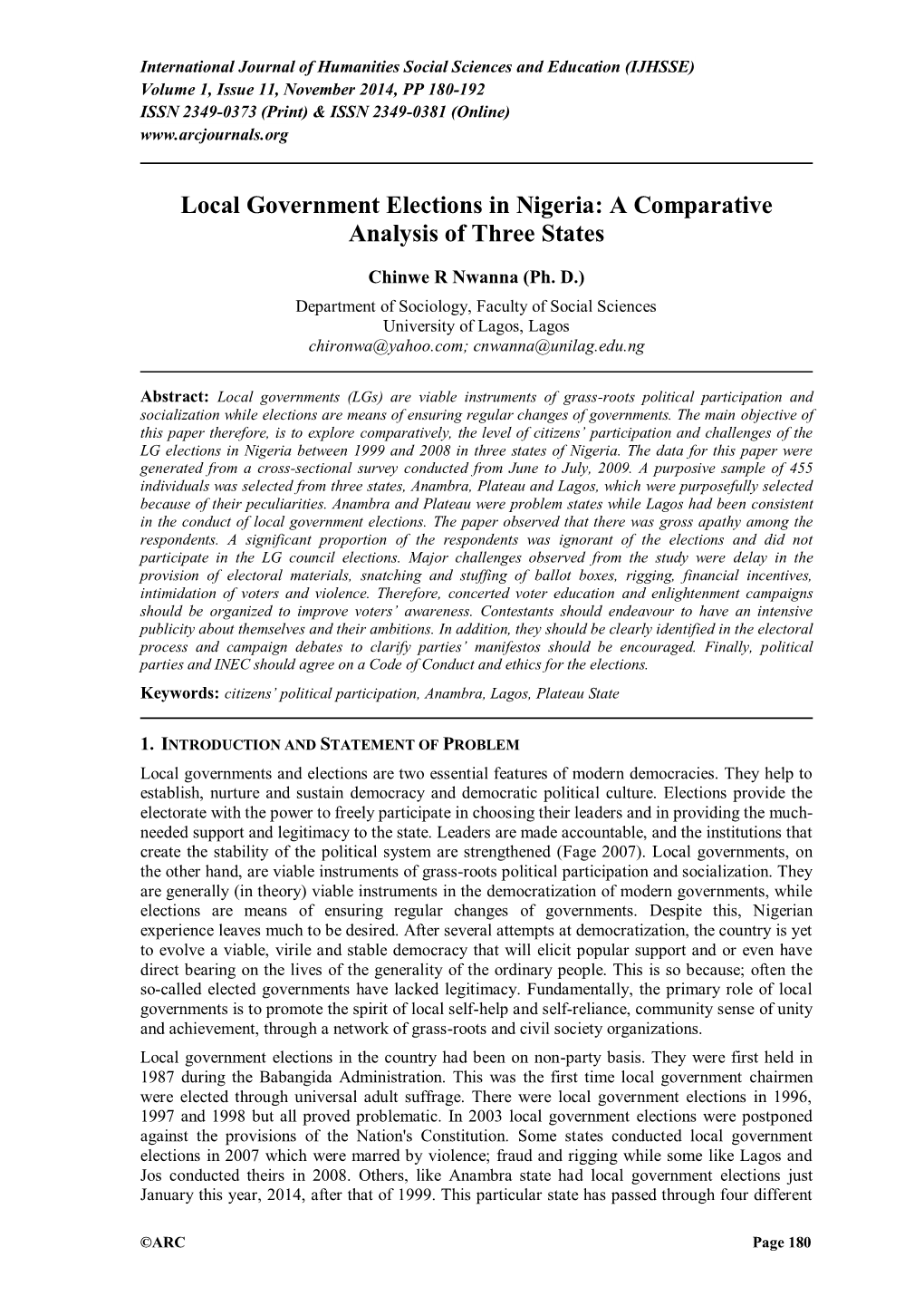 Local Government Elections in Nigeria: a Comparative Analysis of Three States