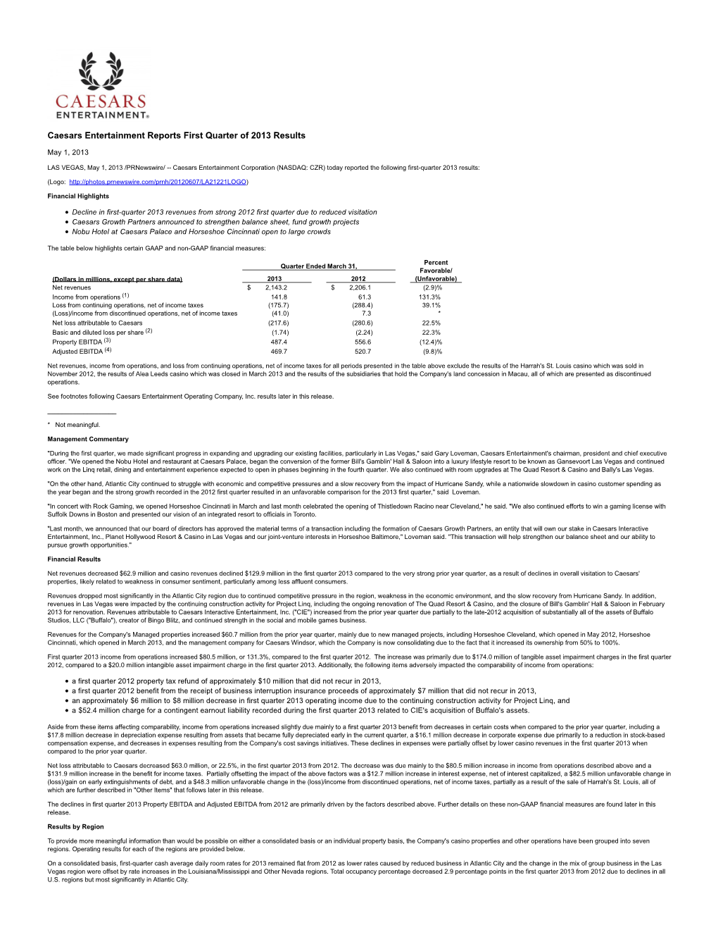 Caesars Entertainment Reports First Quarter of 2013 Results