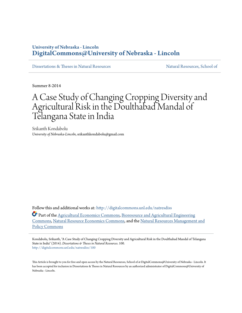 A Case Study of Changing Cropping Diversity and Agricultural Risk In