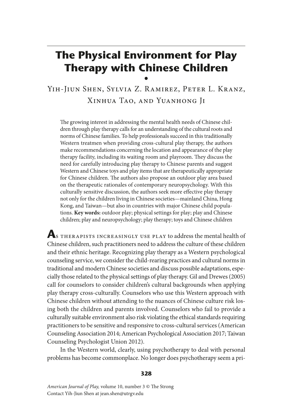 The Physical Environment for Play Therapy with Chinese Children • Yih-Jiun Shen, Sylvia Z