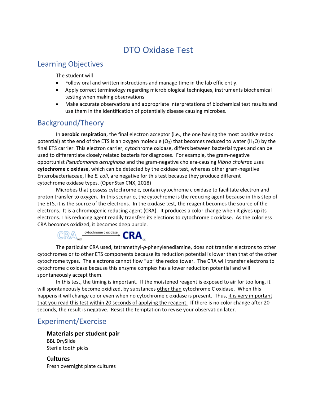 DTO Oxidase Test Learning Objectives the Student Will  Follow Oral and Written Instructions and Manage Time in the Lab Efficiently