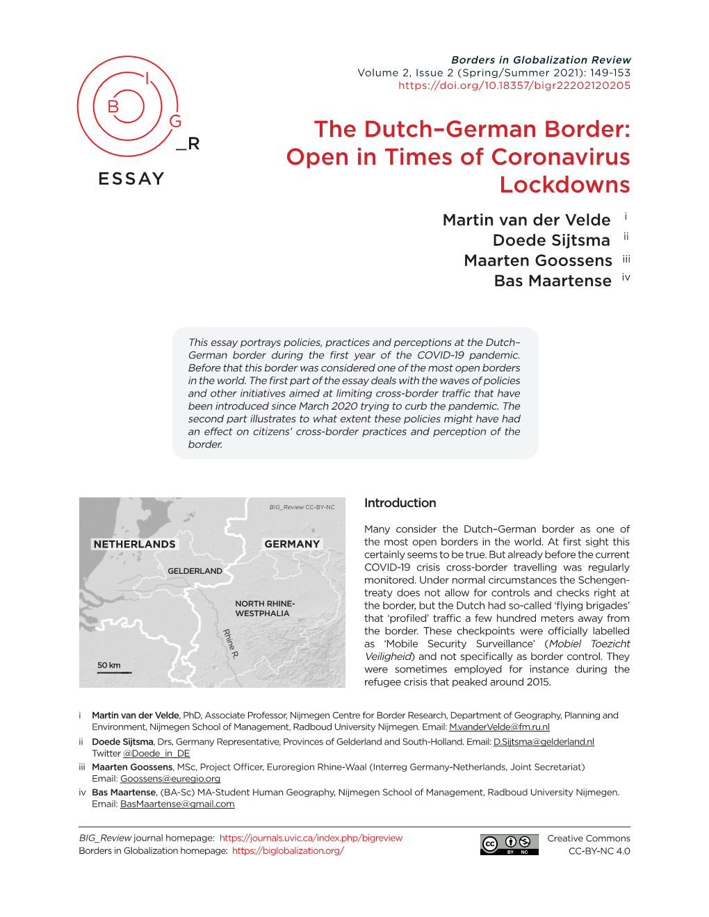 The Dutch–German Border: Open in Times of Coronavirus Lockdowns
