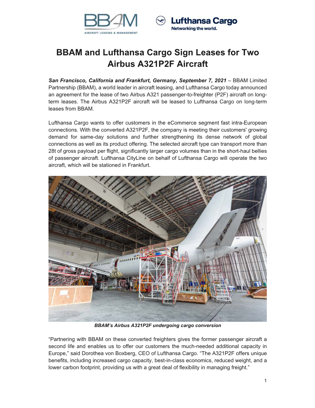 BBAM and Lufthansa Cargo Sign Leases for Two Airbus A321P2F Aircraft