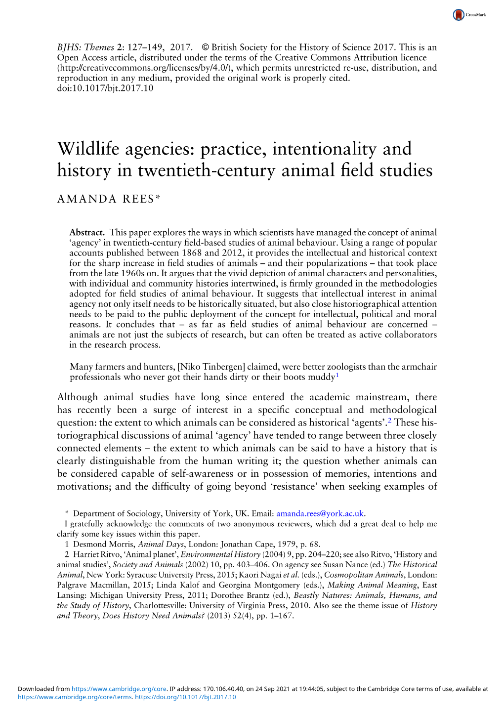 Wildlife Agencies: Practice, Intentionality and History in Twentieth-Century Animal ﬁeld Studies