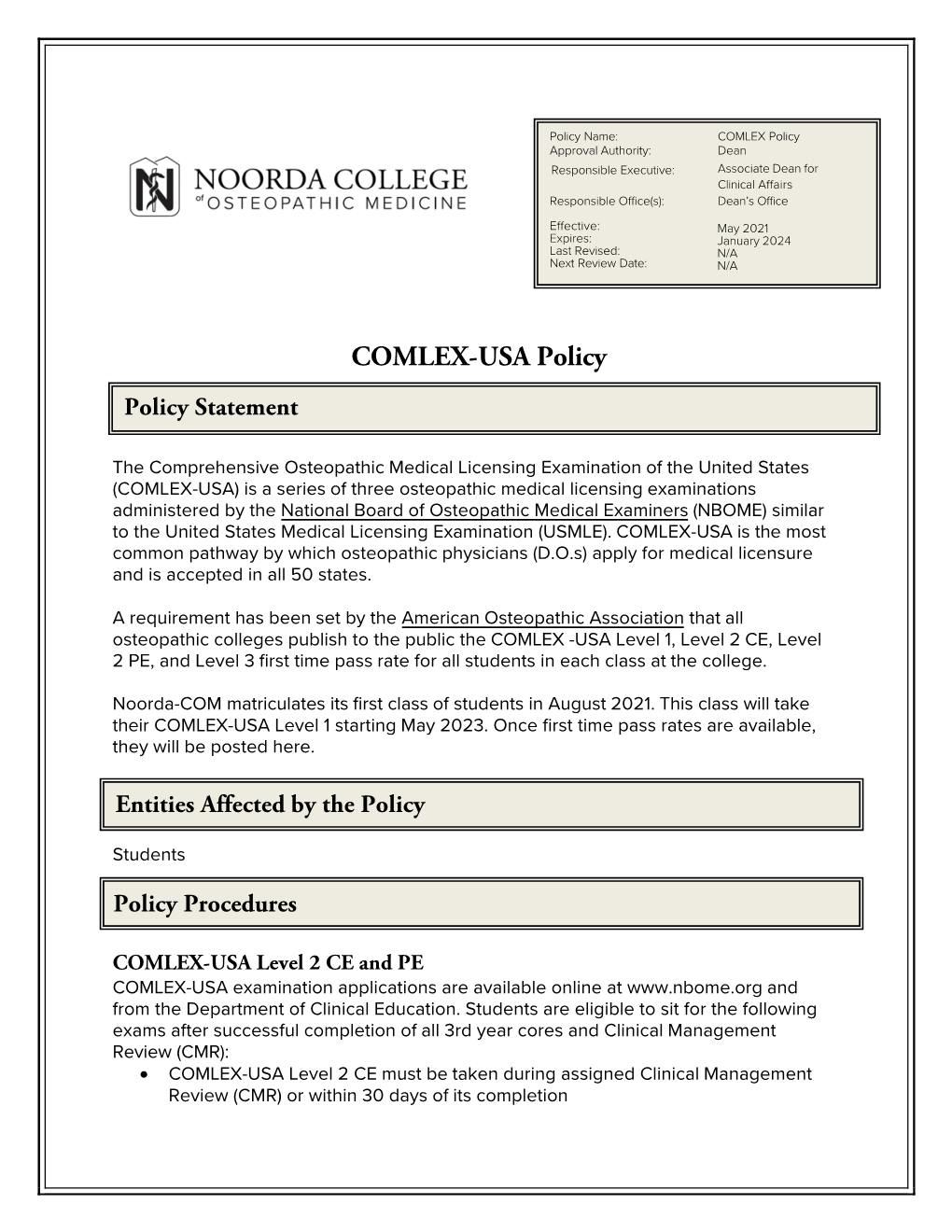 COMLEX-USA Policy Policy Statement