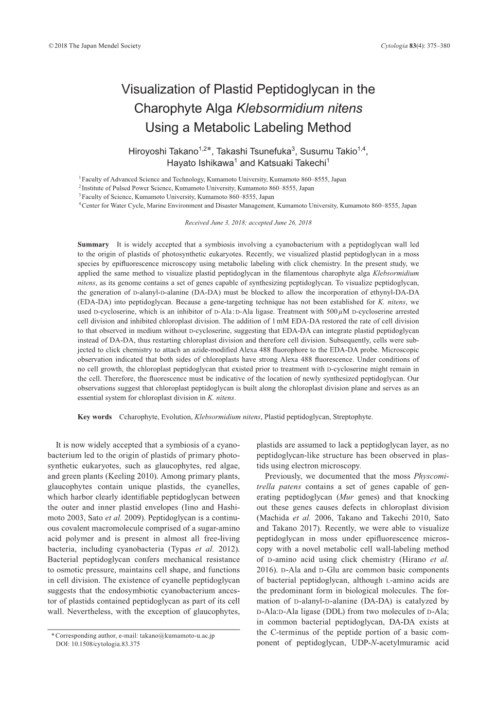 Visualization of Plastid Peptidoglycan in the Charophyte Alga Klebsormidium Nitens Using a Metabolic Labeling Method