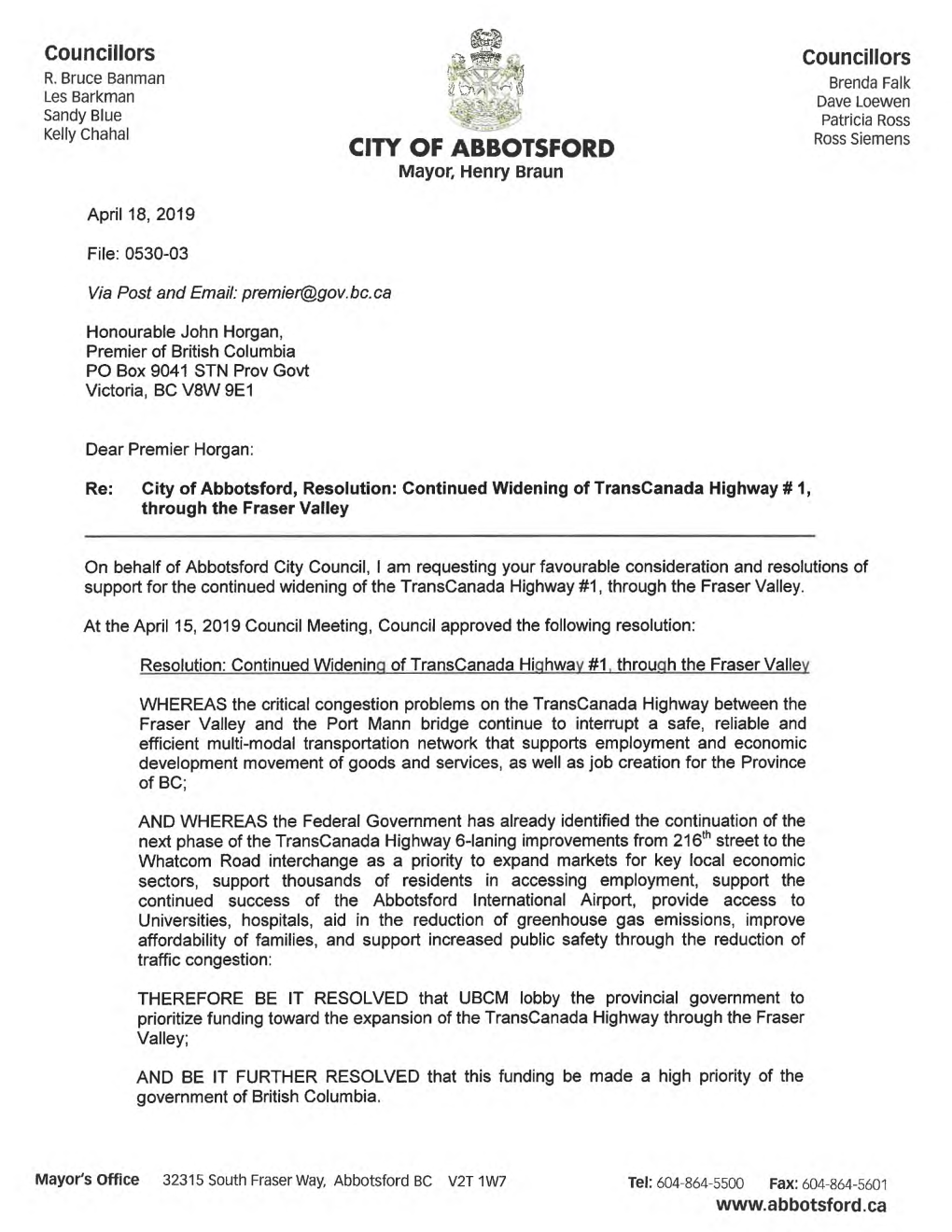 City of Abbotsford Resolution, Continued Widening Of