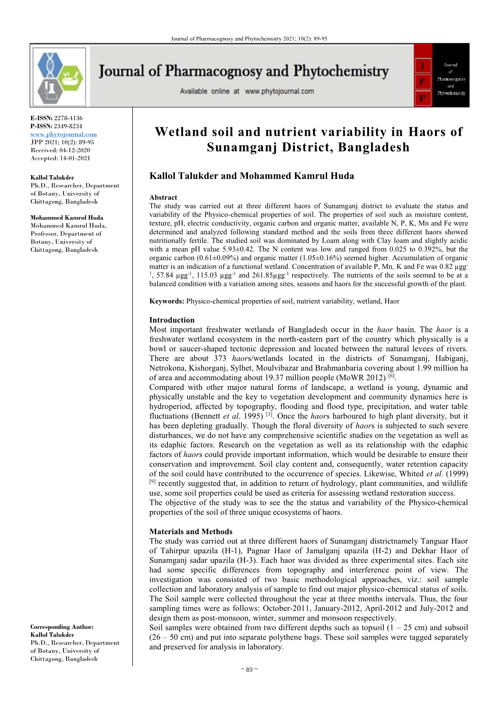 Wetland Soil and Nutrient Variability in Haors of Sunamganj District