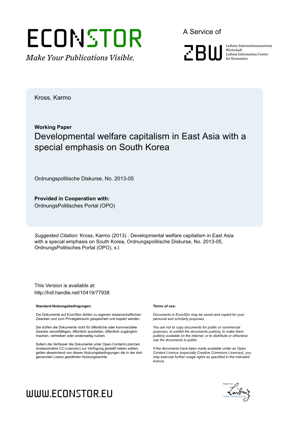 Developmental Welfare Capitalism in East Asia with a Special Emphasis on South Korea