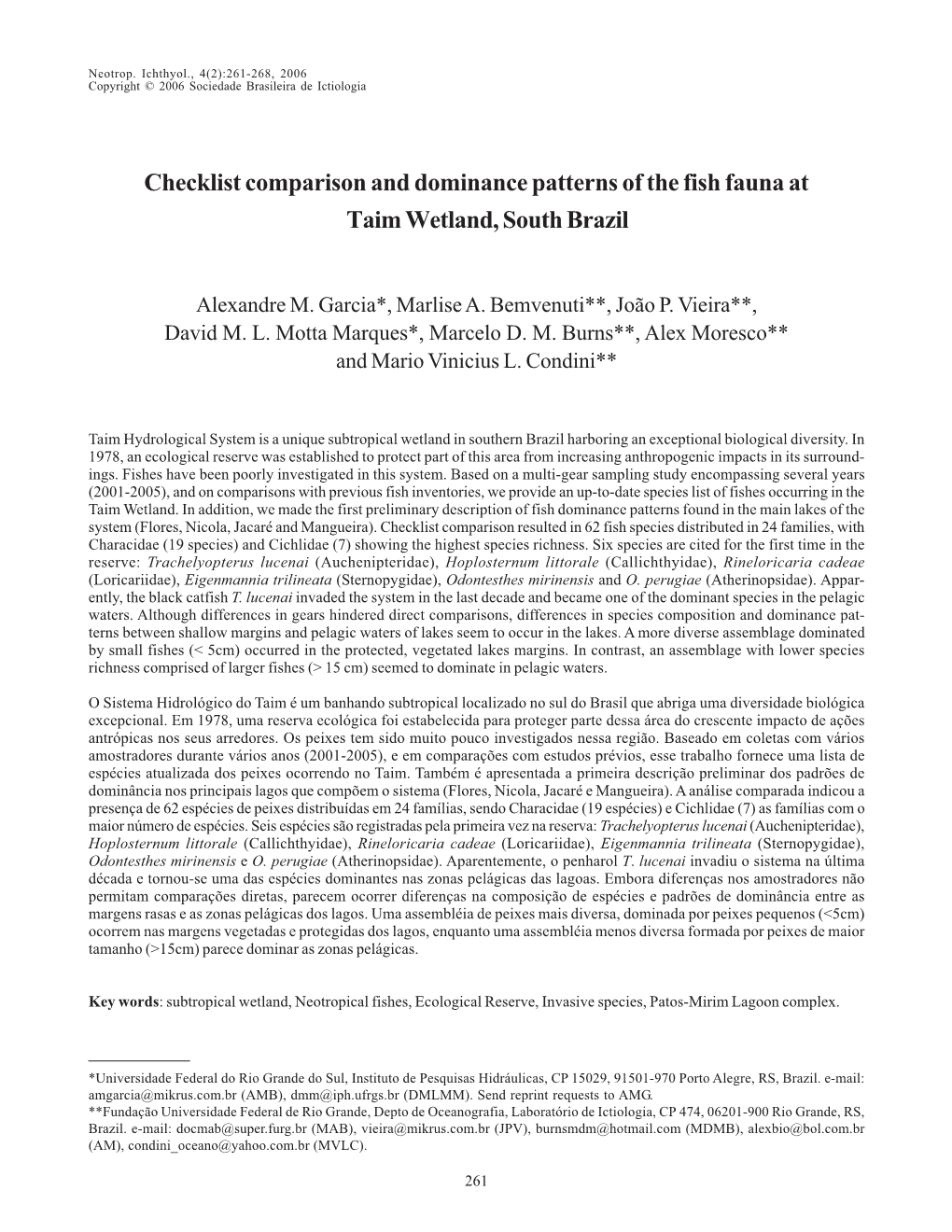 Checklist Comparison and Dominance Patterns of the Fish Fauna at Taim Wetland, South Brazil