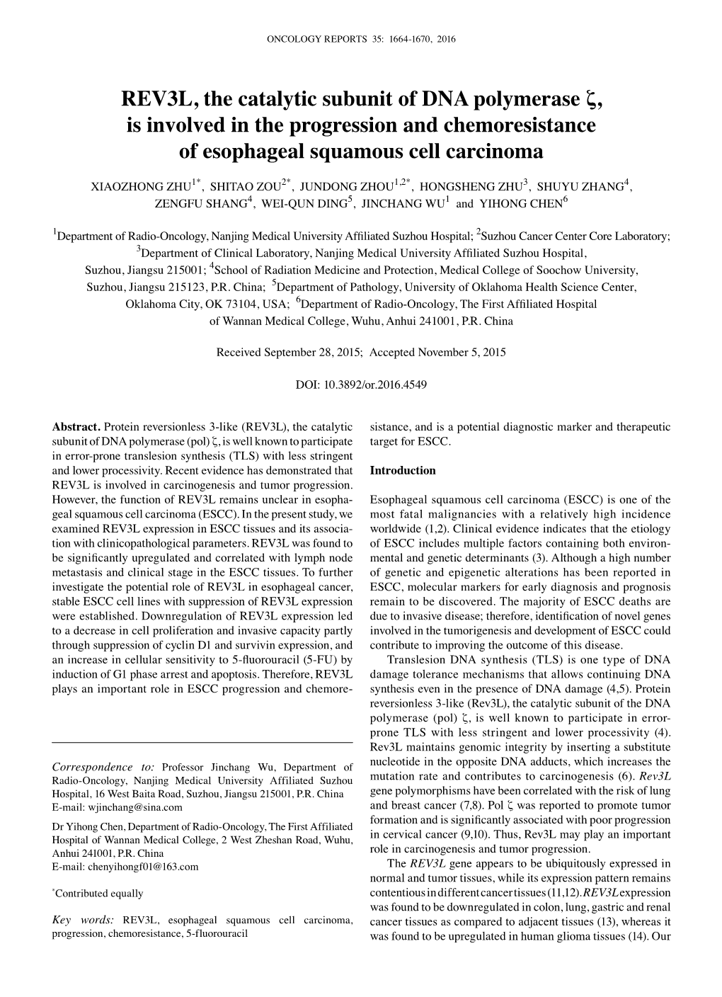 REV3L, the Catalytic Subunit of DNA Polymerase Ζ, Is Involved in the Progression and Chemoresistance of Esophageal Squamous Cell Carcinoma