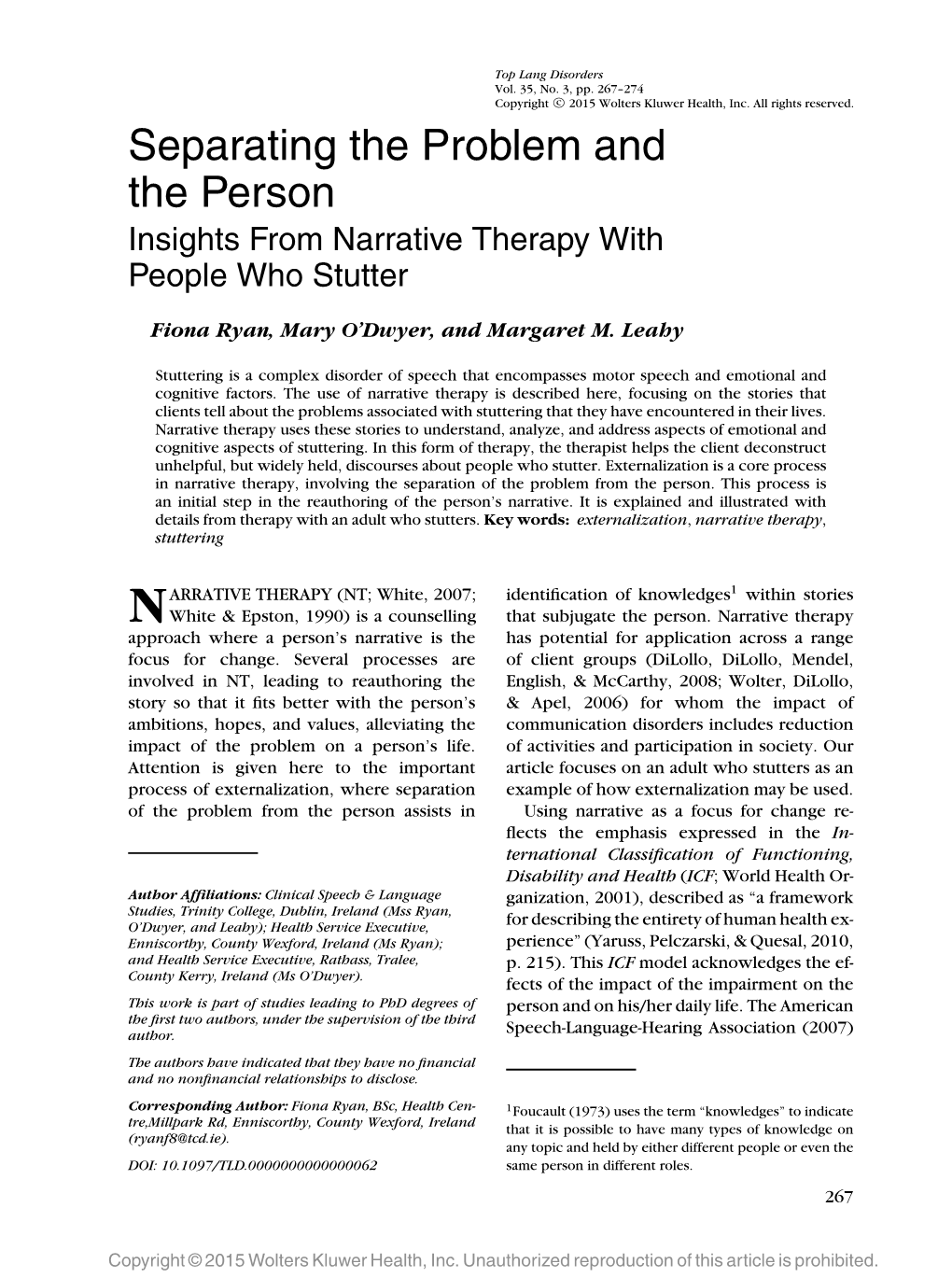 Separating the Problem and the Person Insights from Narrative Therapy with People Who Stutter