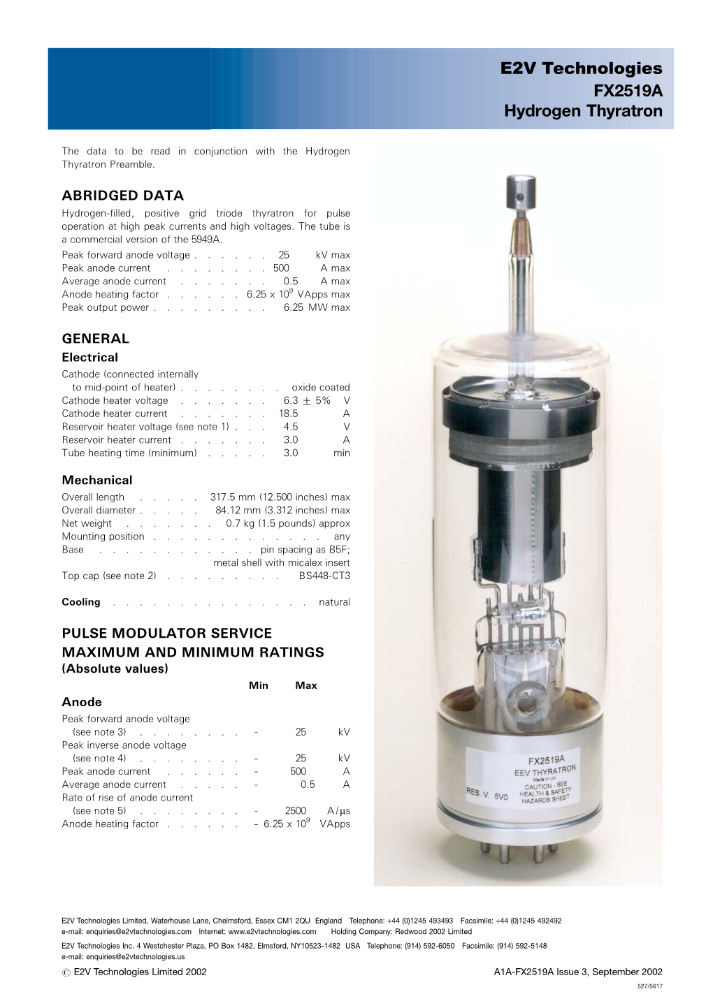 E2V Technologies FX2519A Hydrogen Thyratron