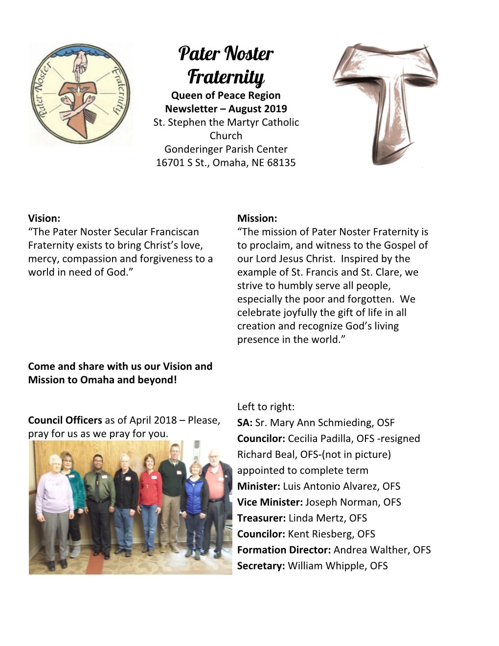 Pater Noster Fraternity Queen of Peace Region Newsletter – August 2019 St