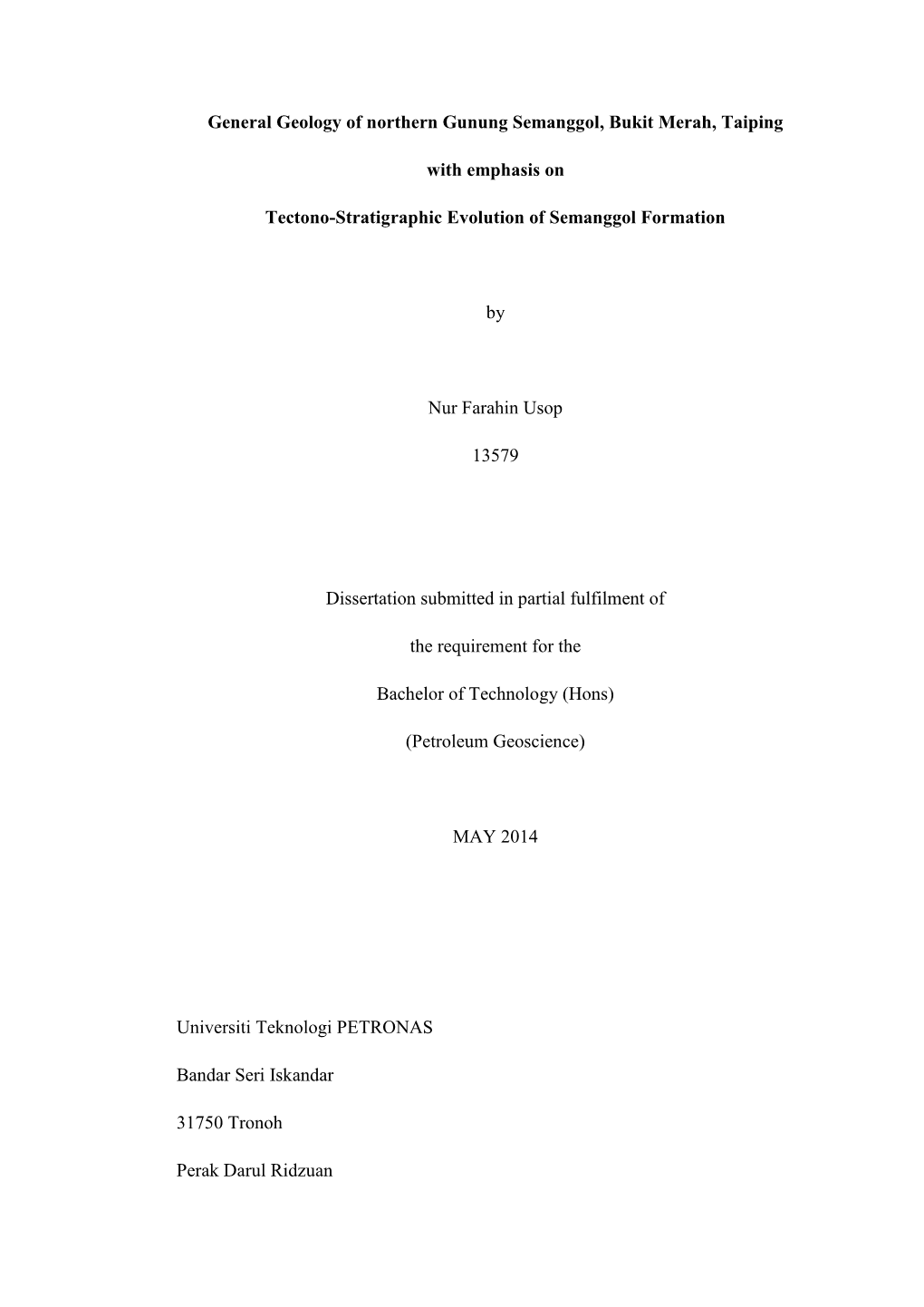 General Geology of Northern Gunung Semanggol, Bukit Merah, Taiping