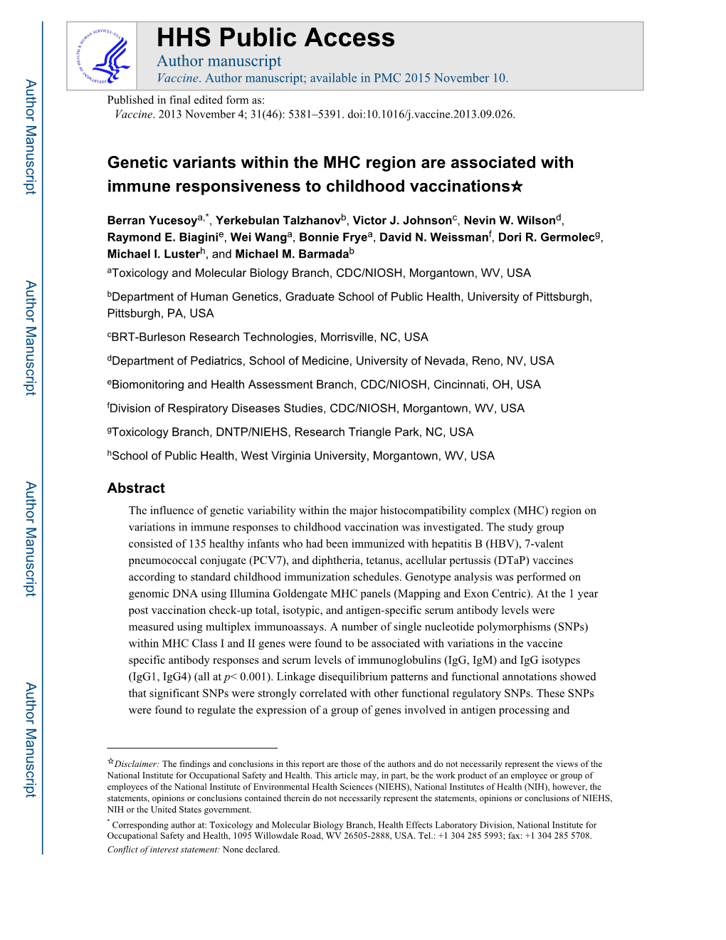 Genetic Variants Within the MHC Region Are Associated with Immune Responsiveness to Childhood Vaccinations☆