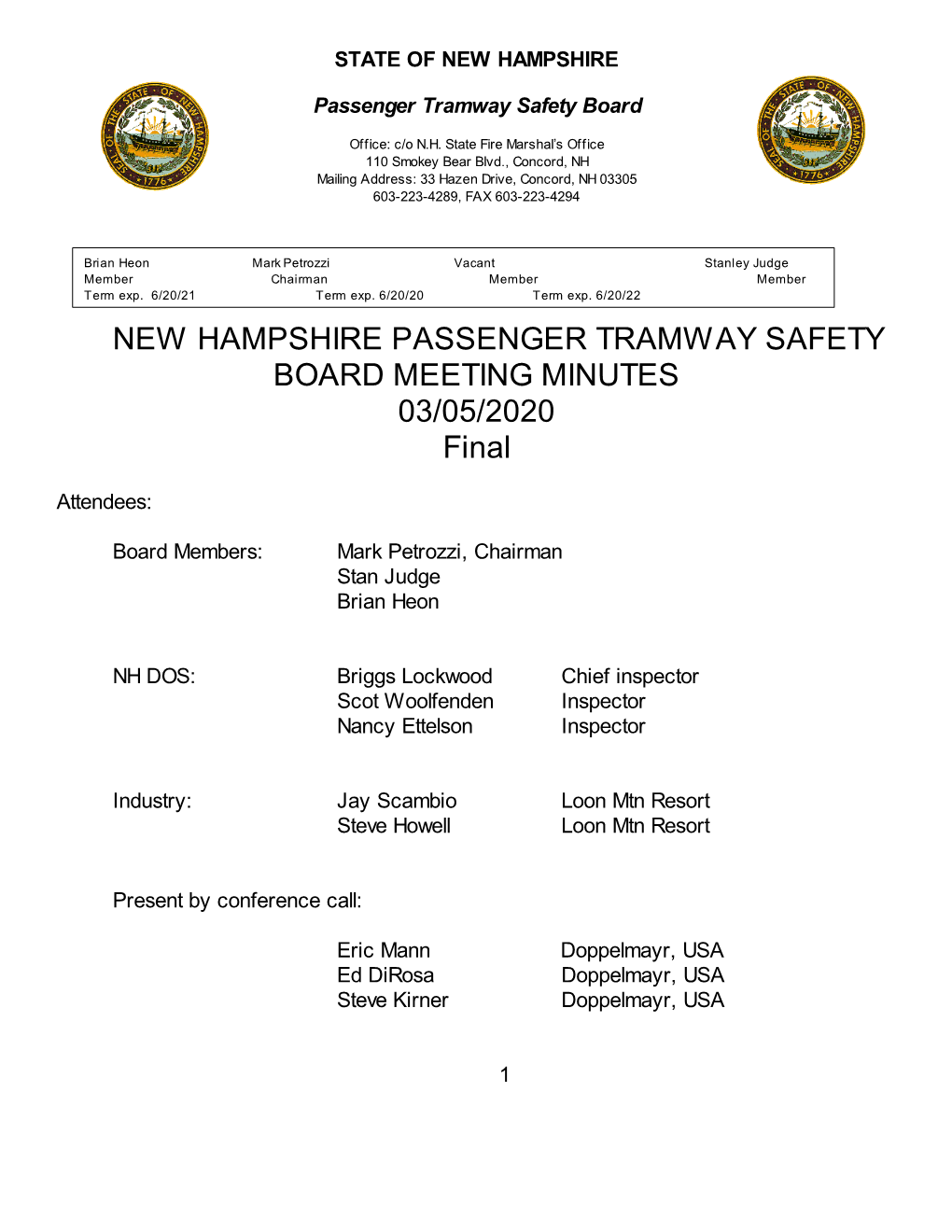 NEW HAMPSHIRE PASSENGER TRAMWAY SAFETY BOARD MEETING MINUTES 03/05/2020 Final