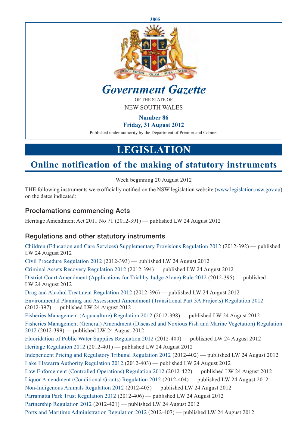 New South Wales Government Gazette No. 35 of 35 August 2012