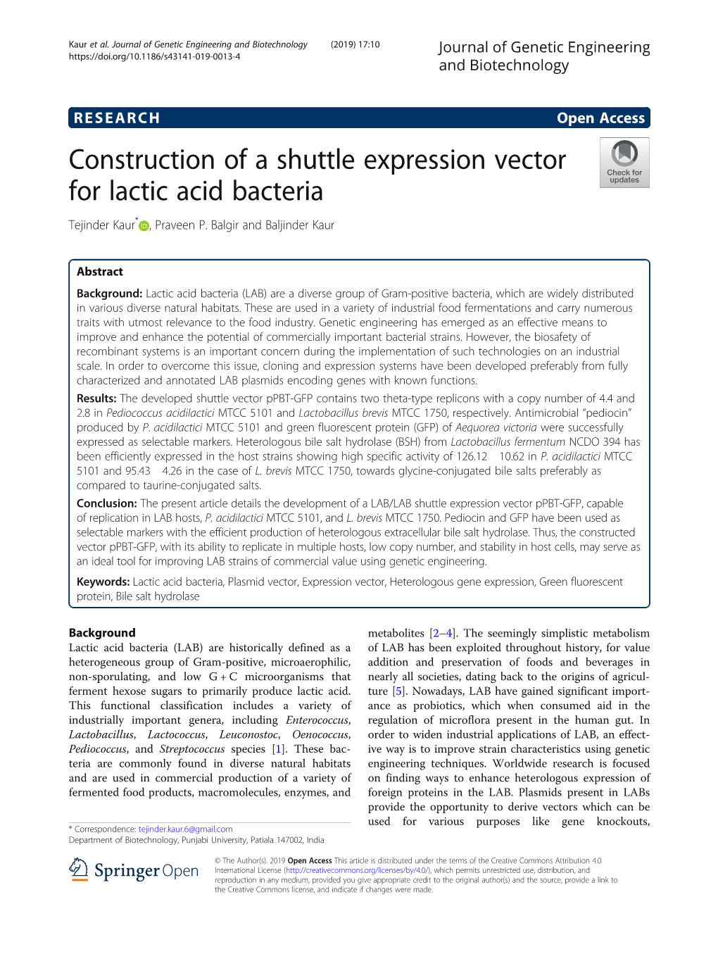 Construction of a Shuttle Expression Vector for Lactic Acid Bacteria Tejinder Kaur* , Praveen P