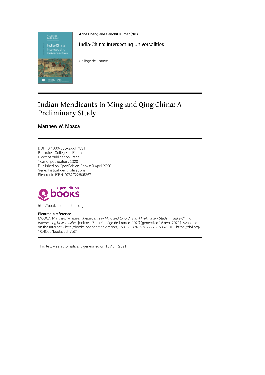 Indian Mendicants in Ming and Qing China: a Preliminary Study