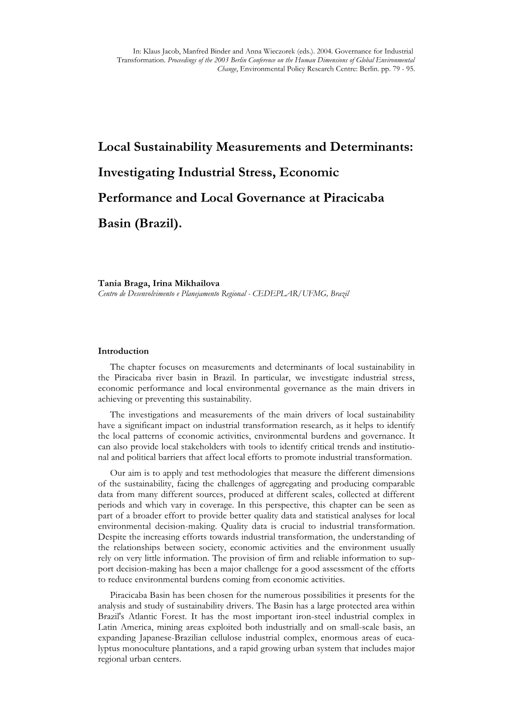 Local Sustainability Measurements and Determinants: Investigating Industrial Stress, Economic Performance and Local Governance at Piracicaba Basin (Brazil)