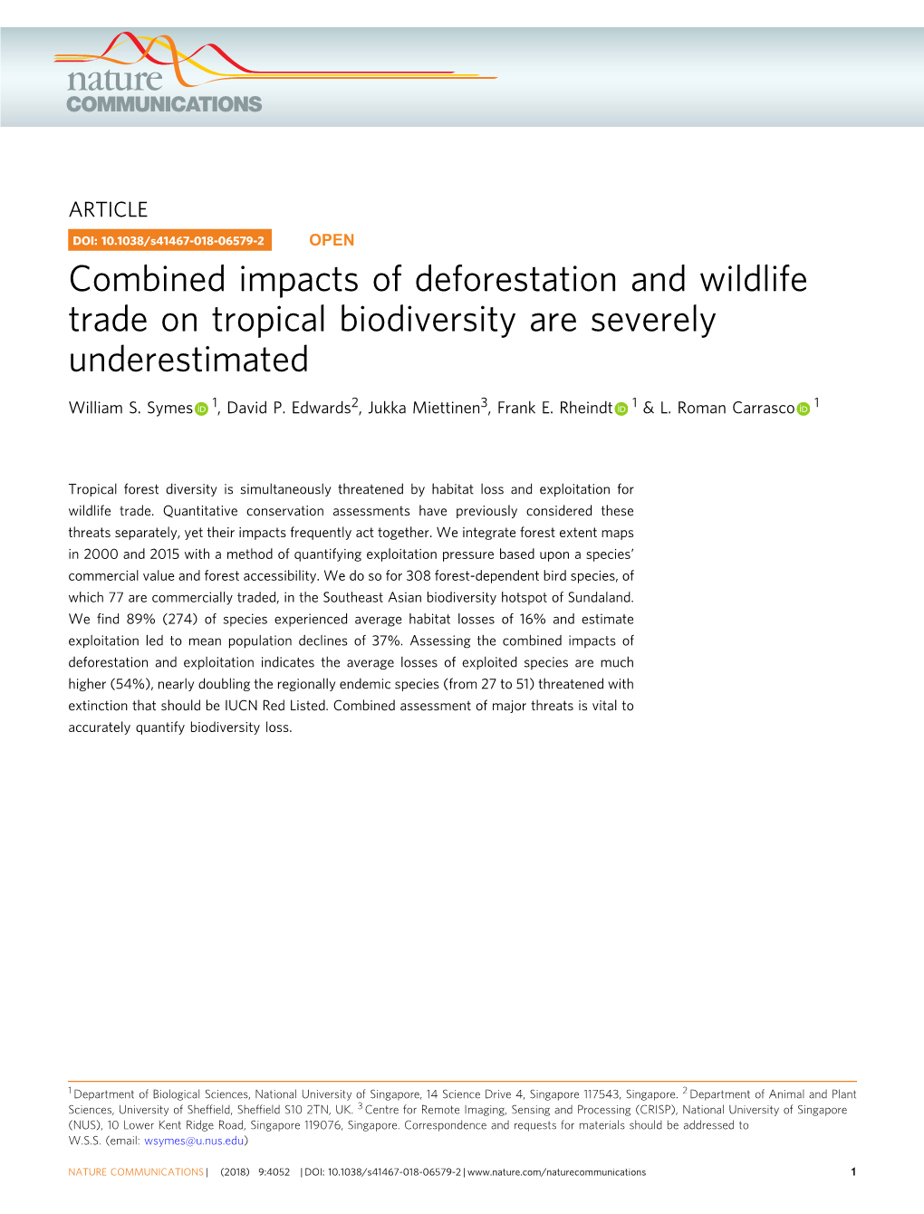 Combined Impacts of Deforestation and Wildlife Trade on Tropical Biodiversity Are Severely Underestimated