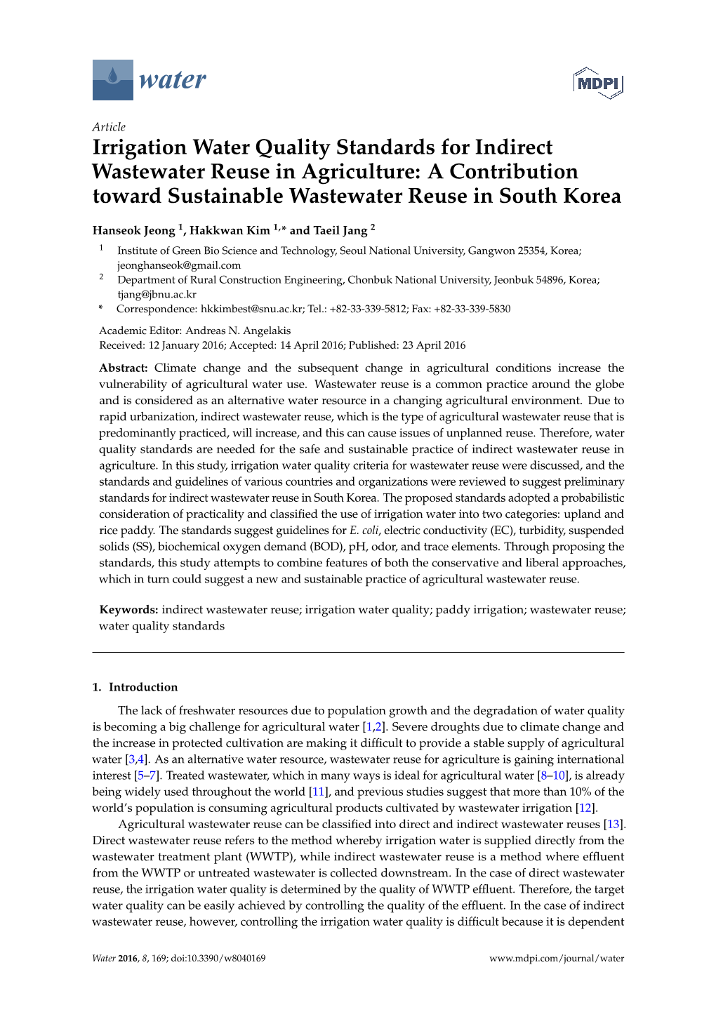 Irrigation Water Quality Standards for Indirect Wastewater Reuse in Agriculture: a Contribution Toward Sustainable Wastewater Reuse in South Korea
