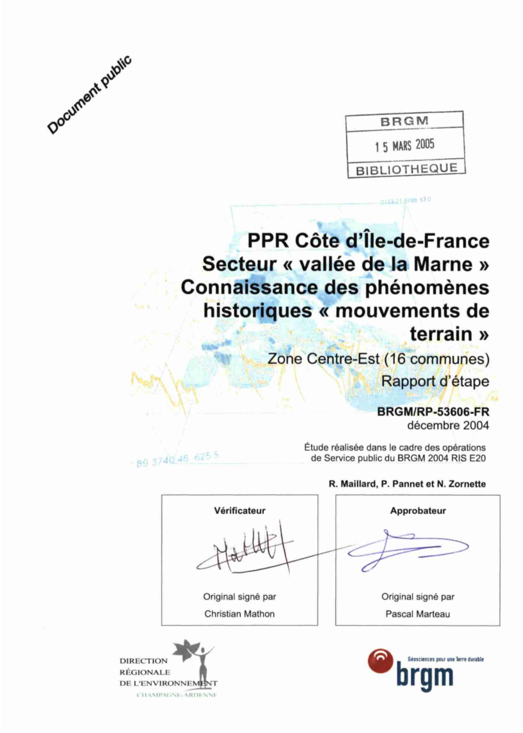 Mouvements De Terrain » Zone Centre-Est (16 Communes) Rapport D'étape