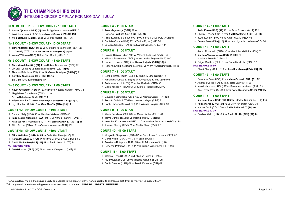 Intended Order of Play for Monday 1 July