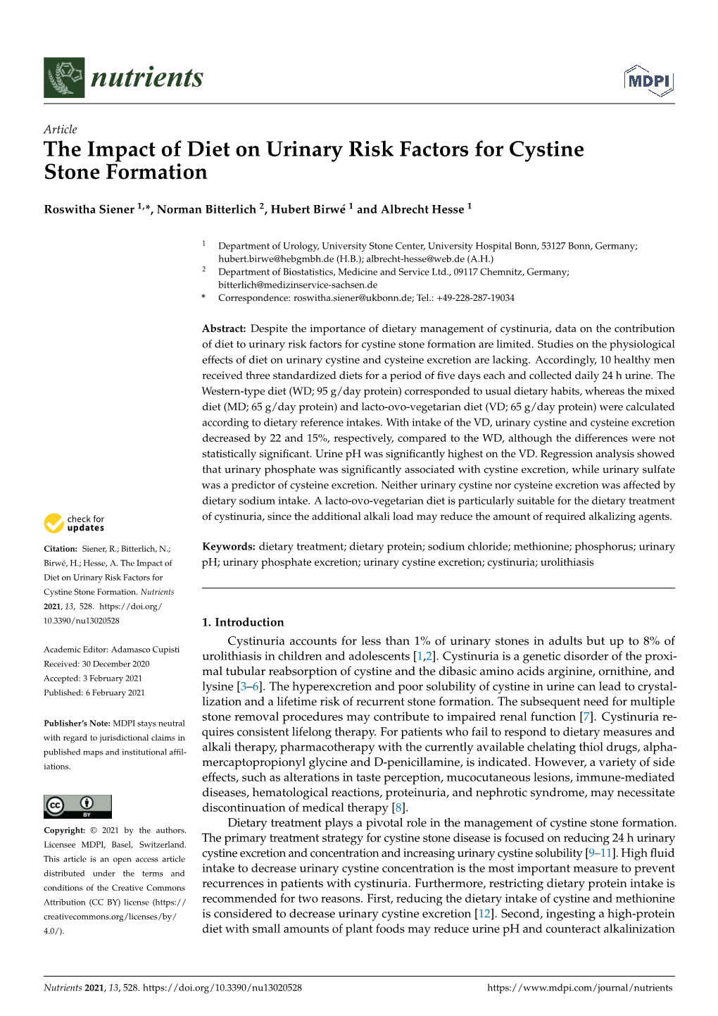 The Impact of Diet on Urinary Risk Factors for Cystine Stone Formation