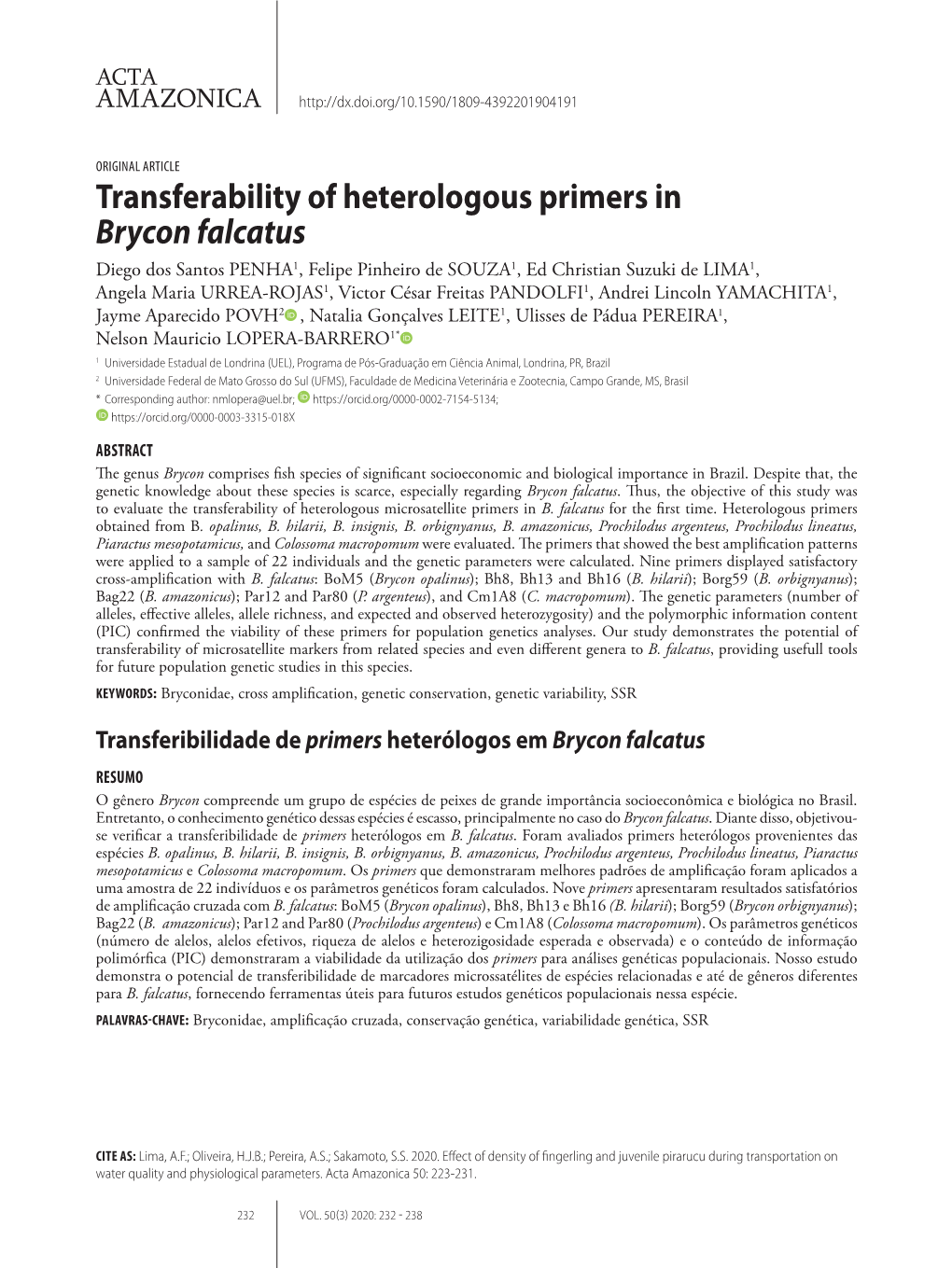 Transferability of Heterologous Primers in Brycon Falcatus