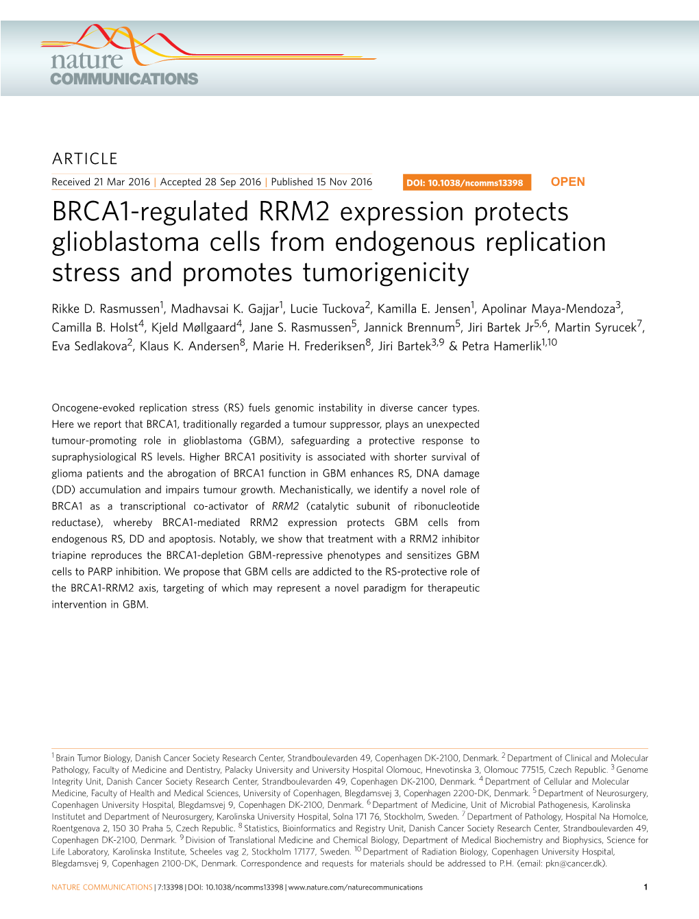 BRCA1-Regulated RRM2 Expression Protects Glioblastoma Cells from Endogenous Replication Stress and Promotes Tumorigenicity