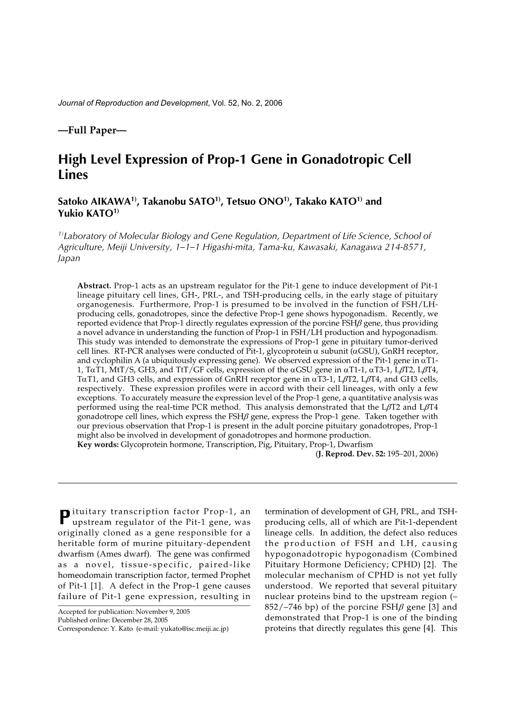 High Level Expression of Prop-1 Gene in Gonadotropic Cell Lines