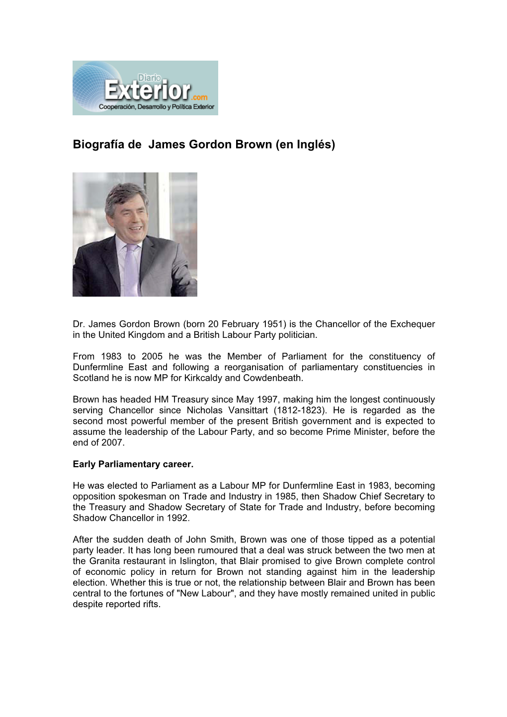 Biografía De James Gordon Brown (En Inglés)